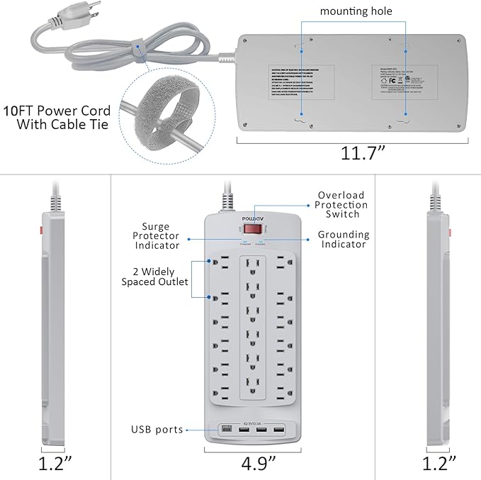 18 Outlets Surge Protector Power Strip - 10 Feet Flat Plug Heavy Duty Extension Cord with 18 Widely Outlets and 4 USB Ports, 2100 Joules, Grey, ETL Listed-DeskLoop Office