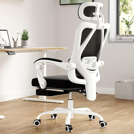 Farini Ergonomic Office Chair with Footrest, Mesh Office Desk Chair with Headrest, High Back Computer Chair with Adjustable Lumbar Support for Home Office Study Room Bedroom, White & Black-DeskLoop Office