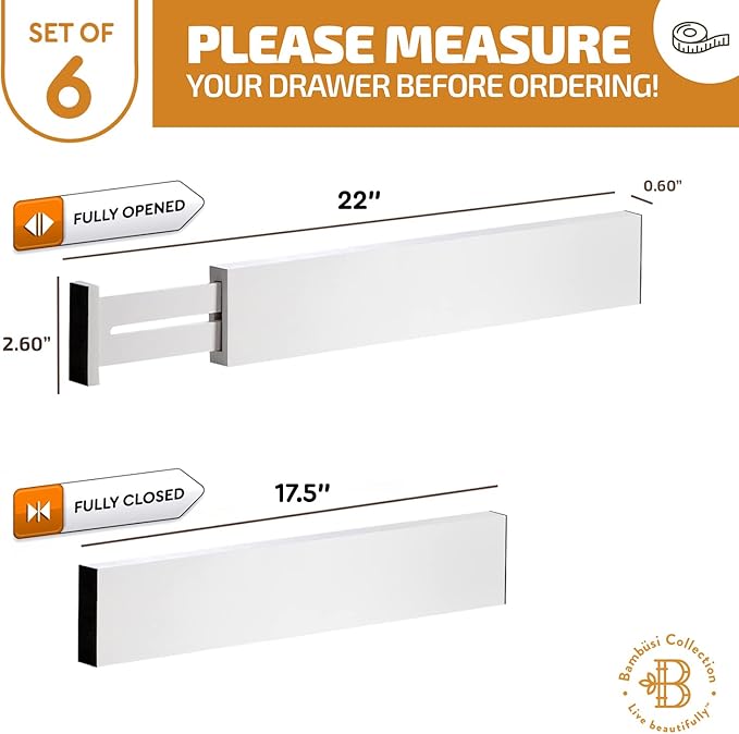 Adjustable Bamboo Drawer Divider Organizers - 6 Pack Large Expandable Drawer Organization Separators for Kitchen Utensils, Dresser, Bedroom, Bathroom, Baby Drawer, Office - 17.5” to 22" (White)-DeskLoop Office