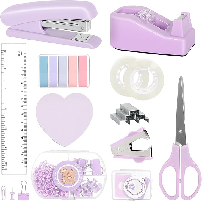 Office Supplies Set, Purple Stapler and Tape Dispenser Set with Staple Remover, Stapler and Staples Set with 1000 Staples, Clips, Tape, Scissor and Tabs, Desk Accessories for Women Student-DeskLoop Office