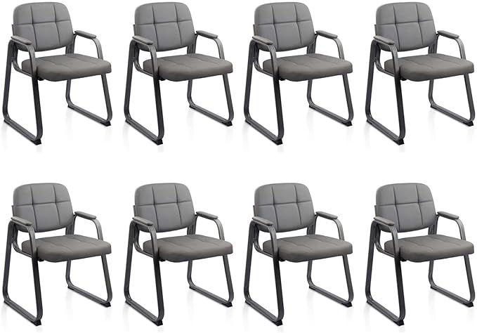 CLATINA Waiting Room Guest Chair with Bonded Leather Padded Arm Rest for Office Reception and Conference Desk Black with Sled Base Grey 8 Pack-DeskLoop Office