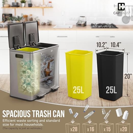 CAPHAUS Black Dual Trash Can w/Double Lid, Trash & Recycle Bins Combo, Hands-Free Stainless-Steel Garbage Can for Kitchen, with 2 Compartment, Hinged Lid, Odor Filters, Handles, 25L+25L, 2 x 6.6 Gal-DeskLoop Office