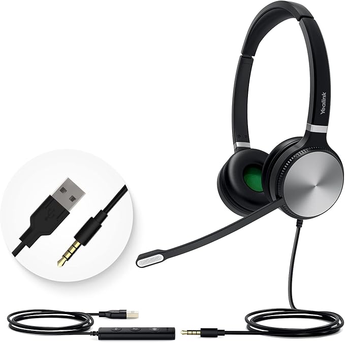 Yealink UH36 Professional USB Headset Wired Headphones for Work Calls and Music, Headset with Noise Cancelling Mic for Computer PC Laptop(UC Compatible, Stereo,3.5mm Jack/USB Connection)-DeskLoop Office