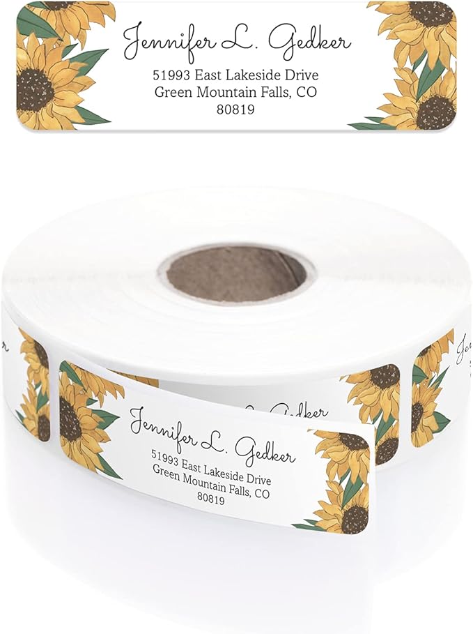 Illustrated Sunflower Rolled Address Labels/Roll of 250 Floral Garden Personalized Address Labels/Designer Return Address Stickers in Elegant Plastic Dispenser-DeskLoop Office