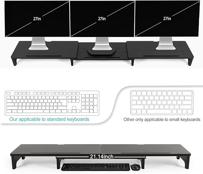 Nnewvante Monitor Stand Riser, Upgrade Height Large TV Riser, 60 inch Large Bamboo Dual Monitor Stand for Desk, 3 Shelves Desktop Screen Riser with Adjustable Length Angle for Computer Laptop Black-DeskLoop Office