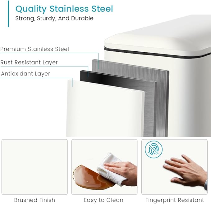 12 Gallon Slim Kitchen Trash Can, Rectangular Trash Can with Removal Inner Bucket and Soft-Close Lid, Foot Pedal, Stainless Steel Garbage Can 45 Liter, White-DeskLoop Office