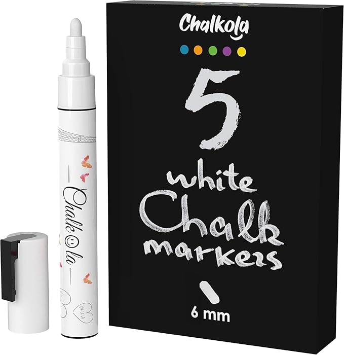 Chalkola White Chalk Markers for Blackboard, Chalkboard Sign, Window, Bistro, Car, Glass (5 Pack 6mm) - Liquid Chalkboard Markers Erasable - Paint Chalk Pens Washable Ink Reversible Tip-DeskLoop Office