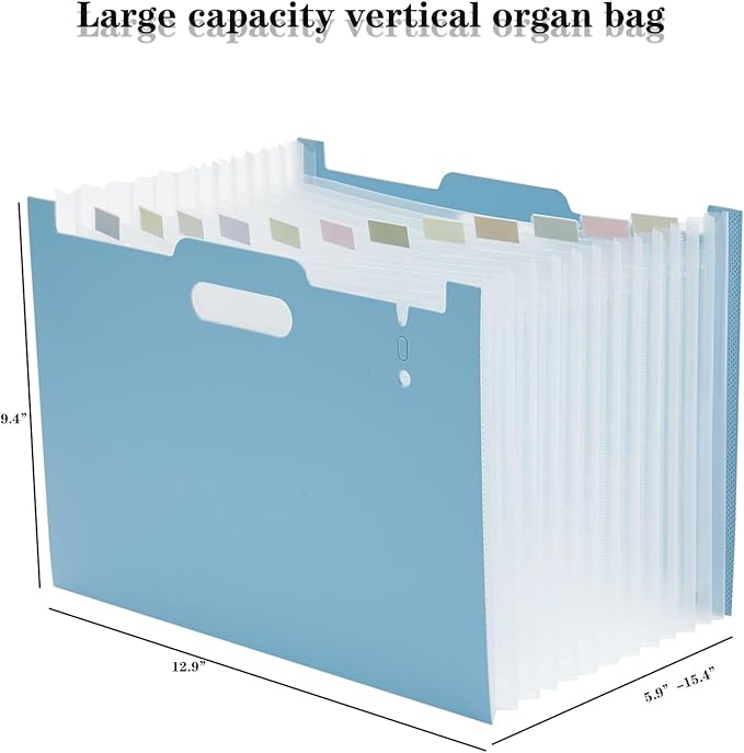 2-Piece Accordion Folder Manager, 12 Grid Expansion Pages, Portable Monthly Bill and Receipt Manager That Opens Upright, Colored Labels, School, Home, and Office letterhead/A4 Size, Sky Blue-DeskLoop Office