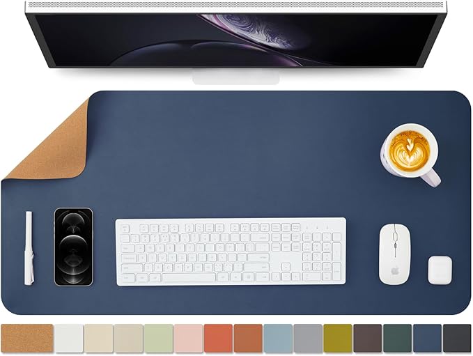 Cork Desk Mat - Dual-Sided Desk Pad for Office and Home - Desk Organization and Accessories - Ideal for Large Mouse Pad and Desk Mats on Top of Desks(Dark Blue,90cmx 43cm)-DeskLoop Office