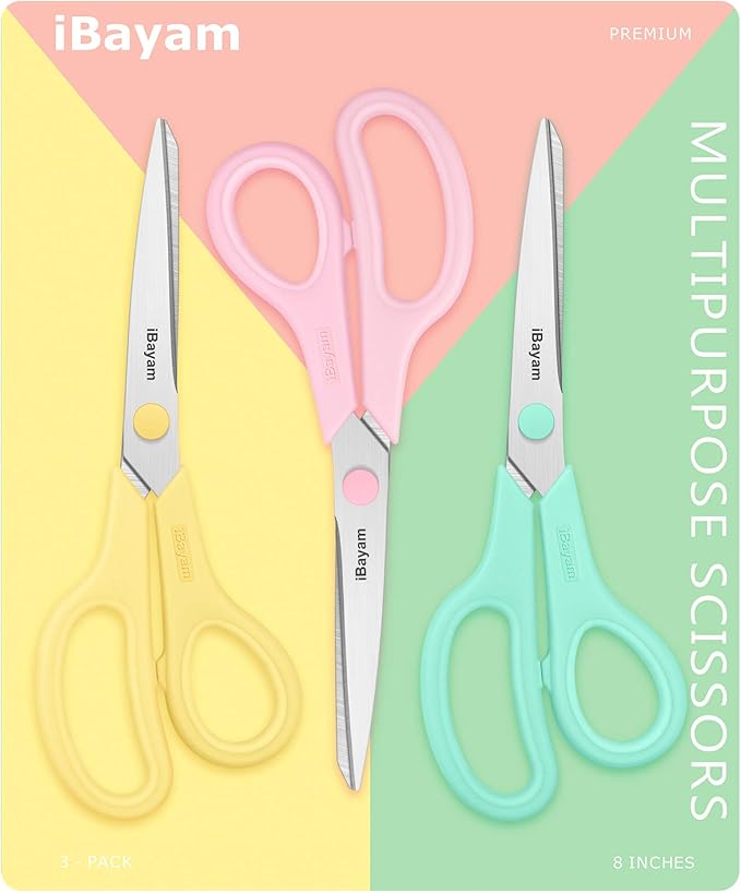 Scissors, iBayam 8" All Purpose Scissors Bulk 3-Pack, Ultra Sharp 2.5mm Thick Blade Shears Comfort-Grip for Office Desk Accessories Sewing Fabric Home Craft School Supplies, Right/Left Handed-DeskLoop Office