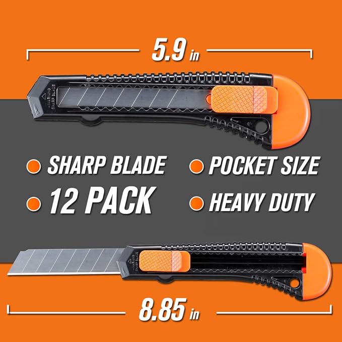 REXBETI 12-Pack Utility Knife, Retractable Box Cutter for Cartons, Cardboard and Boxes, 18mm Wider Razor Sharp Blade, Smooth Mechanism, Perfect for Office and Home use-DeskLoop Office