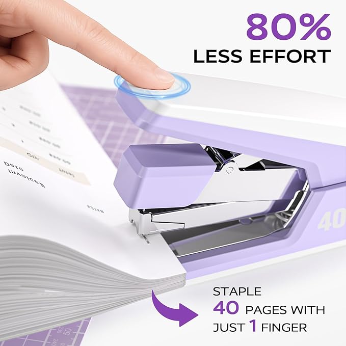 Effortless Stapler for Desk with 40-50 Sheet Capacity, 2000 Staples, 1-Touch Stapling, Ergonomic & Easy to Load Desktop Staplers, Heavy Duty Stapler, and Magnetic Staple Remover, Purple-DeskLoop Office