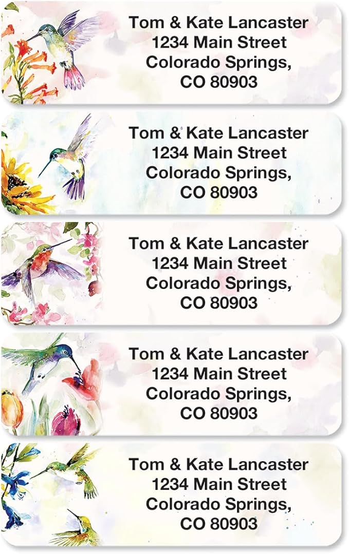 Colorful Images Fluttering Hummingbirds Rolled Personalized Return Address Mailing Labels with Dispenser, Customize with Name & Shipping Address, 250 ¾” x 2½ Self Adhesive, Easy Peel Label Roll-DeskLoop Office