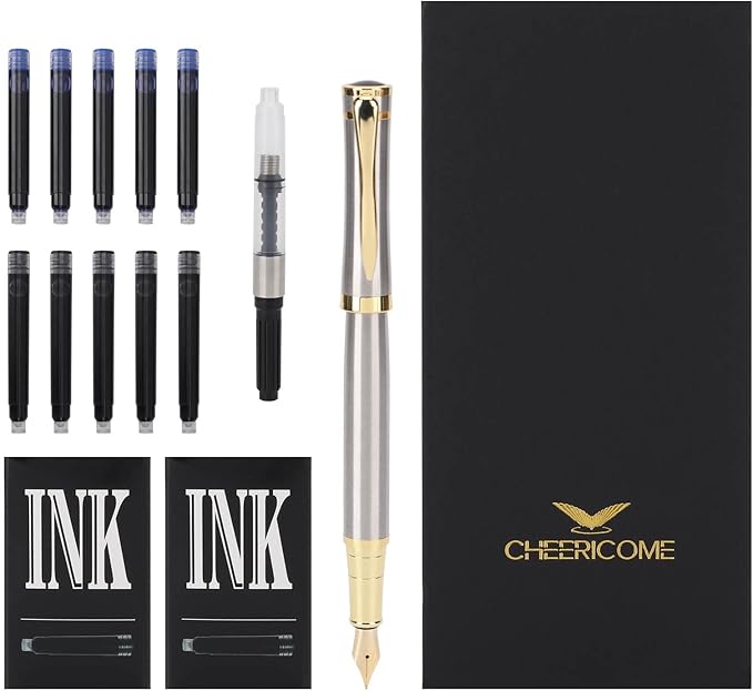 Cheericome Fountain Pen - Luxury Fountain pen set for Men & Women - Ink Pen for Smooth Writing - Fountain Pen Fine Nib,Includes 10 Ink Cartridges and Ink Refill Converter - Silver-DeskLoop Office