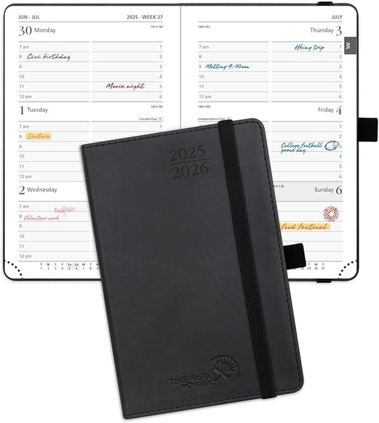 POPRUN Pocket Planner 2025-2026 (Purse Size 4'' x 6.25'') Academic Small Calendar (July 2025 - June 2026) with Hourly Time Slots, 100GSM Thick Papers, Leather Soft Cover - Black-DeskLoop Office