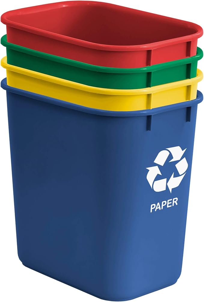 Acrimet Wastebasket Bin for Recycling, 6.75 Gallon/ 27 Quart/ 25.552 Liter (Made of Plastic) (Metal/Yellow, Paper/Blue, Glass/Green, Plastic/Red) (Set of 4)-DeskLoop Office