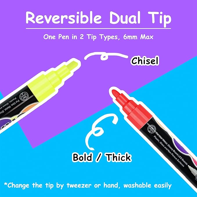 Liquid Chalk Markers Set (8 Pack), 6mm Reversible Thick & Chisel Tip, Wet Erase Paint Pens for Non Porous Blackboard Chalkboard, Car Glass Windows, School Business Supplies (8 Neon Color)-DeskLoop Office