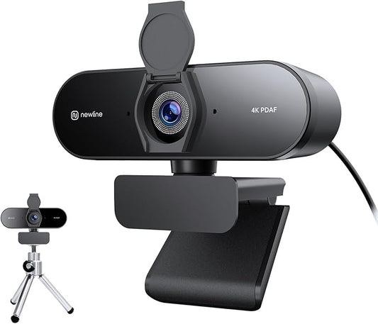 N newline 4K Webcam for PC with Tripod, PDAF Autofocus, 1080P@60FPS, 79° FOV, Low Distortion, 2 Noise Reduction Mics, Privacy Cover, Plug&Play, PC Camera for Skype, Teams, Zoom, NewEye 62 Kit-DeskLoop Office