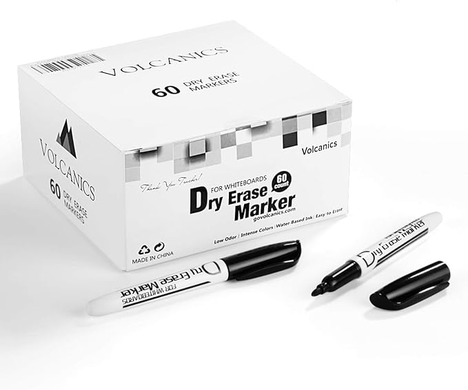 Volcanics Black Dry Erase Markers Bulk Pack of 60 Low Odor Fine Tip Whiteboard Pens for Whiteboard Dry Erase Calendar-DeskLoop Office