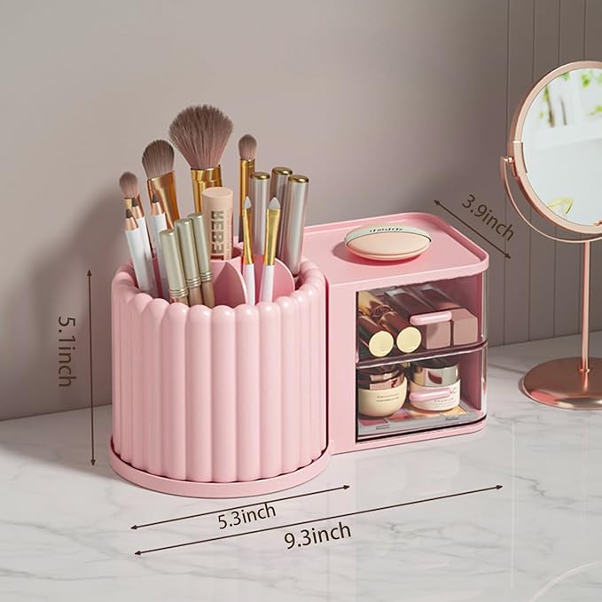 Anyoifax 360 Rotating Makeup Brush Holder 7 Slots Makeup Organizer with Drawer Removable Spinning Cosmetic Storage Pen Holder for Vanity, Dresser, Desk, Pink-DeskLoop Office