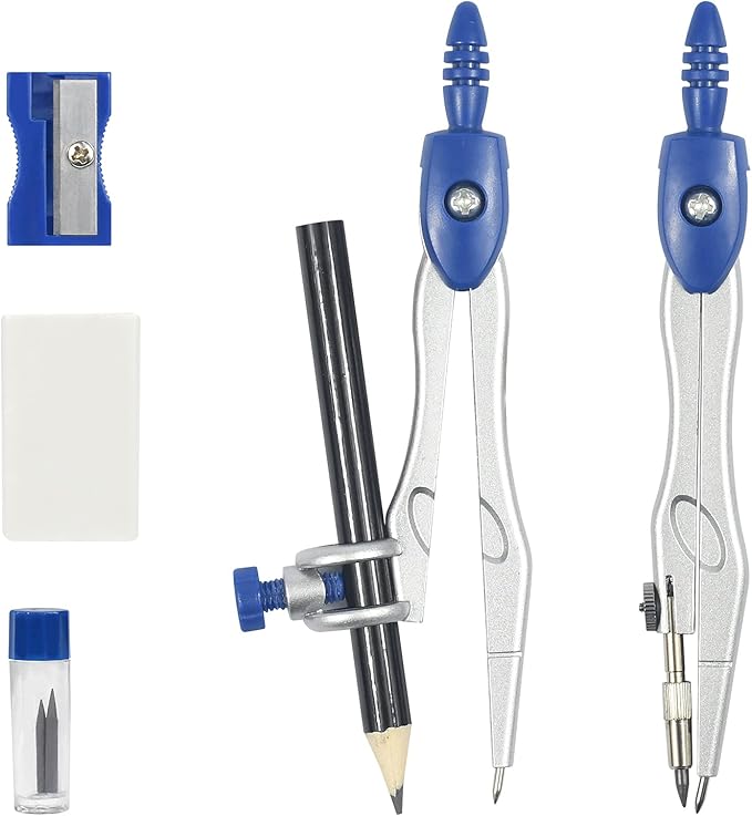 Math Geometry Kit Sets 10 Piece Student Supplies with Shatterproof Storage Box,Includes Rulers,Protractor,Compass,Eraser,Pencil Sharpener,Lead Refills,Pencil,for Drafting and Drawings(Navy blue)-DeskLoop Office