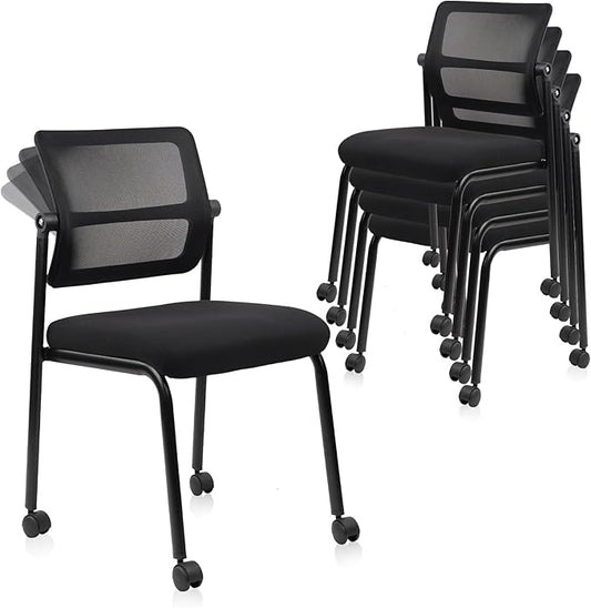 CLATINA Stacking Armless Office Waiting Room Chair with Wheels, Stackable Mesh Guest Reception Desk Chairs with Adjustable Backrest for Conference Lobby Side School, Black, 4 Pack-DeskLoop Office