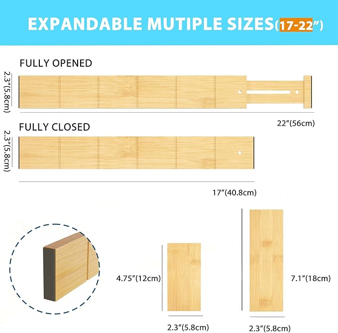 6 Pack Bamboo Drawer Dividers with 12 Inserts, Expandable Adjustable Clothes Drawer Organizers and Storage from 17" to 22" for Kitchen, Bedroom, Dresser, Cosmetics (Natural)-DeskLoop Office