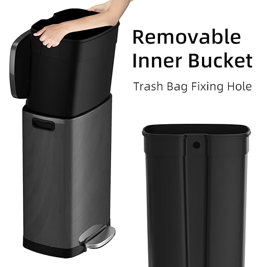 KUK 13 Gallon Kitchen Trash Can with Lid, 50L/13Gal Office Step Garbage Can for Home, Kitchen, Laundry Room, Office, Brushed Stainless Steel, Titanium Black-DeskLoop Office