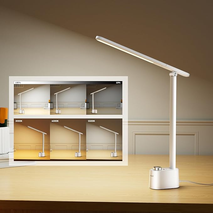 Honeywell Upgraded LED Desk Lamp - H01 Pro Sunturalux™ Foldable Desk Light with USB A+C Charging Port, 3 Color Modes Dimmable Table Lamp for Home Office Reading(White)-DeskLoop Office