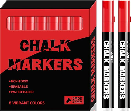 SILENART Chalk Markers - Vibrant 8 Pack - Dry Erase Markers Pen - Liquid Chalk Markers for Blackboard Chalk Board Windows Glass Acrylic Calendar Board - Erasable Chalk Marker (Red)-DeskLoop Office
