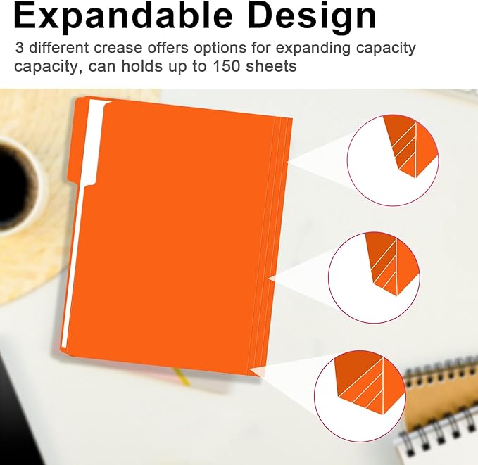 File Folder, RAZCC 150 Pack 1/3 Cut Tab File Folders Letter Size, Orange, Folders with Tab, Great for Organizing and Easy File Storage-DeskLoop Office