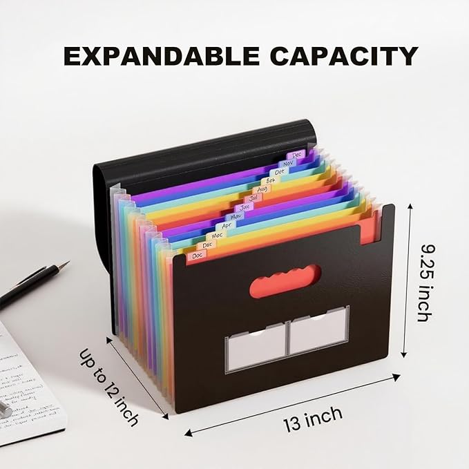 Accordion File Organizer,13 Pockets Expanding File Folder with Blank Labels,Portable Monthly Paper Bill Tax Receipt Organizer,Desktop Folders A4 Letter Paper Document Storage Organize,Black-DeskLoop Office