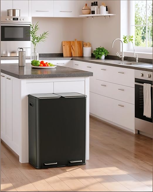 TLSUNNY Kitchen Dual Trash Can, 60L Hands-Free Stainless Steel Garbage Can, Classified Rubbish Bin with Double Compartments, Soft-Close Lid, Inner Bucket, Odor Control (60L) (Black)-DeskLoop Office