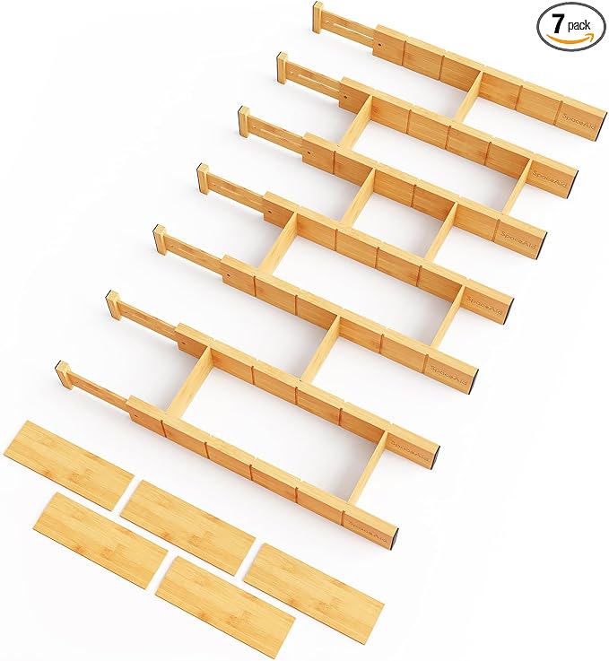 SpaceAid Bamboo Drawer Dividers with Inserts and Labels, Kitchen Adjustable Drawer Organizers, Expandable Organization for Home, Office, Dressers, 7 Dividers with 15 Inserts (17"-22" Natural)-DeskLoop Office