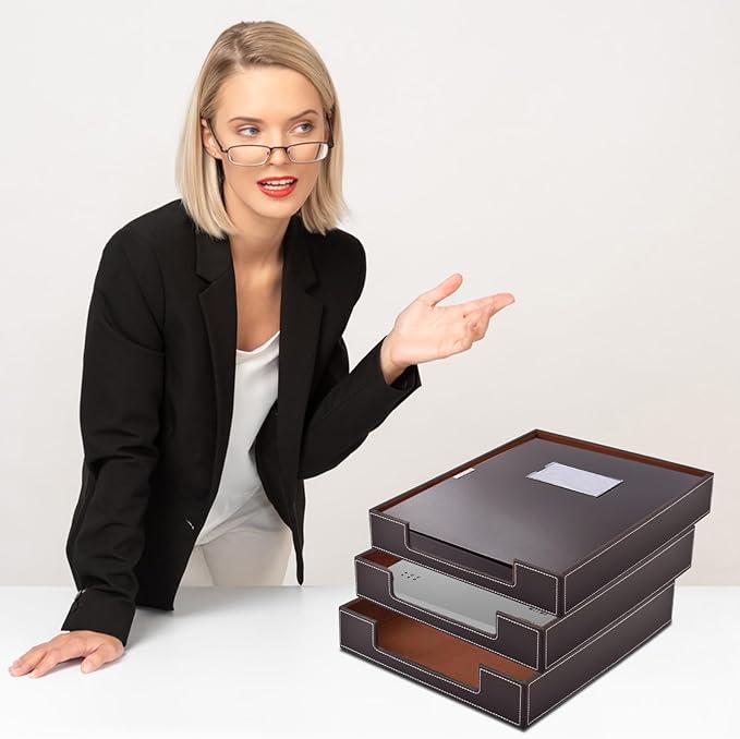 Leather Letter Tray, Office Supplies Desk Organizer for Mail Paper Files Magazines Jewelry Cosmetics,Luxury Letter Holder&Multipurpos Stackable Office Desktop Storage Box,Coffee-DeskLoop Office