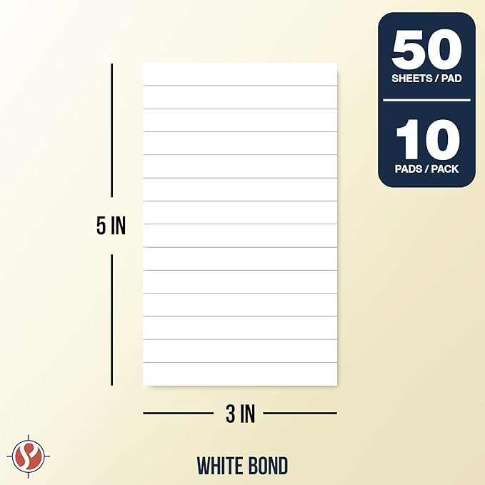 Memo Pads, White, With Black Lines – Lined Paper Notepads, Scratch Pad, Writing Pad for Planning, To-Do Lists, Appointments, Reminders, Home, Office – 50 Sheets Per Pad, 10 Pads per Pack – 3" x 5"-DeskLoop Office