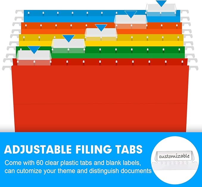 Extra Capacity Hanging File Folders, RAZCC 60 Pack Letter Size Reinforced Hanging Folders with Heavy Duty 3 Inch Expansion for Bulky Files, Filing Cabinet, Adjustable Tabs, Assorted Colors-DeskLoop Office