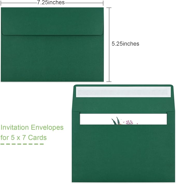 50 Pack 5x7 Envelopes - Self Seal for Invitations, Weddings, Photos & Greeting Cards (Dark Green)-DeskLoop Office