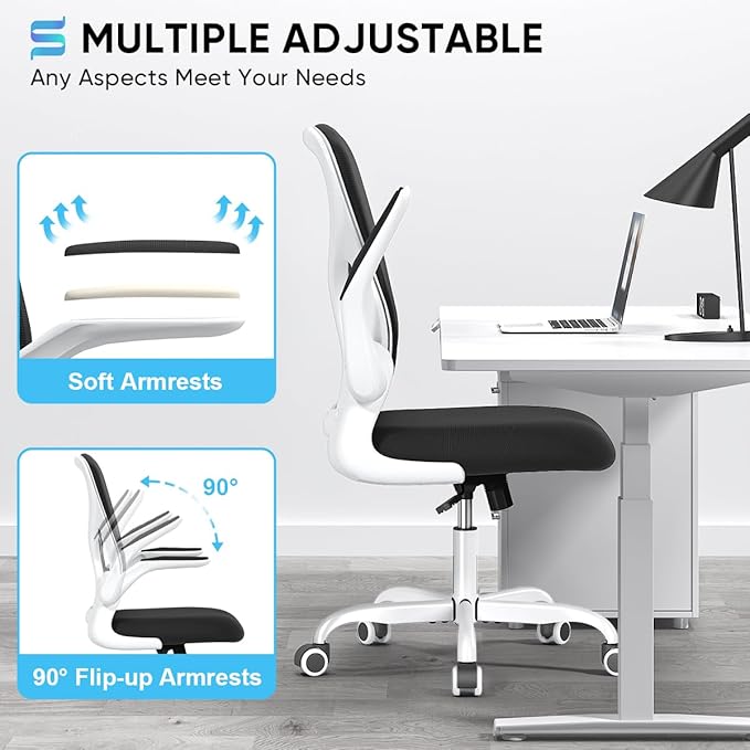Sytas Ergonomic Desk Chair with Padded Flip up Arms and Supportive Lumbar Support, Breathable Mesh Home Office Chair with Comfortable Cushion for Home or Office(White)-DeskLoop Office