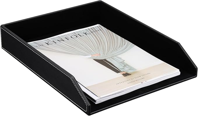 KINGFOM Letter Tray, PU Leather Paper Organizer Tray for Desk, Paper Organizer Storage Holder for Office Home or School A4 Size Black-DeskLoop Office