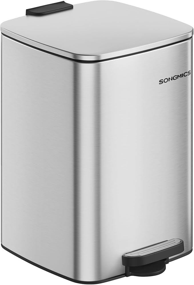 SONGMICS Kitchen Trash Can, 5.2-Gallon (20 L) Trash Bin, Stainless Steel Garbage Can, with Inner Bucket, Soft Close and Stays Open, Metallic Silver ULTB592E01-DeskLoop Office