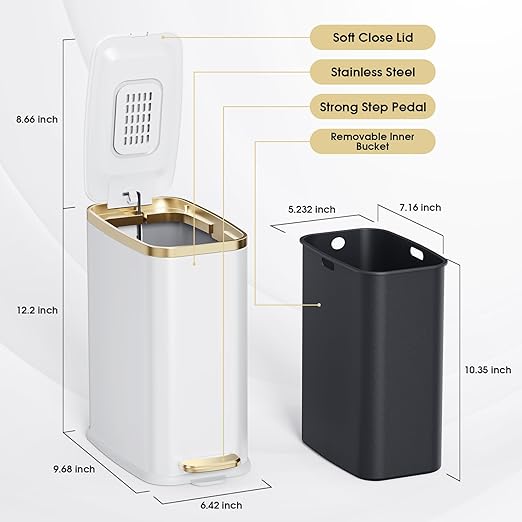 CEROELDA Small Bathroom Trash Can with Lid Soft Close-5L/1.3 Gal Slim Garbage Can-Metal Step Wastebasket-Rectangle Narrow Waste Bin for Office, Bedroom, Toilet, Live Room-White-DeskLoop Office