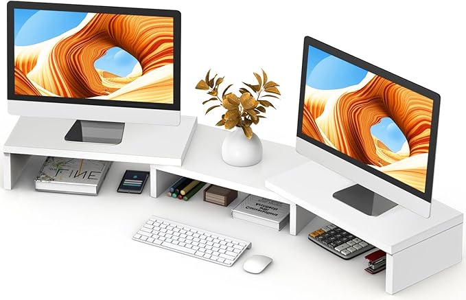 TAVR Furniture Dual Monitor Stand Riser, Computer Monitor Stands for 2 Monitors, Extra Long Multifunctional Desktop Organizer Riser for Computer, Laptop, PC, Printer, TV, Max 43.3" Length, White-DeskLoop Office