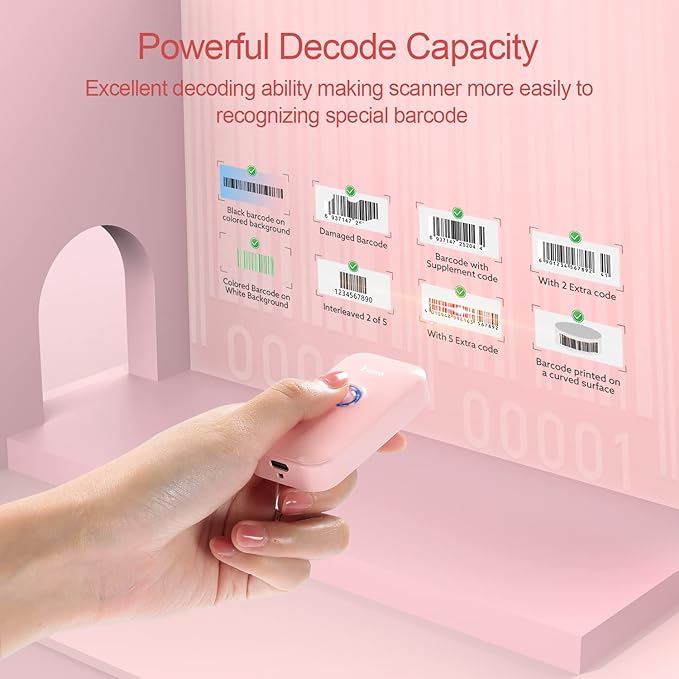 Eyoyo Mini 1D Bluetooth Barcode Scanner, 3-in-1 Bluetooth & USB Wired & 2.4G Wireless Barcode Reader Portable Bar Code Scanning Work with Windows, Android, iOS, Tablets or Computers(Pink)-DeskLoop Office