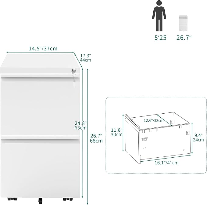 YITAHOME 2 Drawer File Cabinet with Lock, Mobile Metal Filing Cabinet for Letters/Legal/A4 Size, Home Office & Business Enterprise, Fully Assembled Except Wheels, White-DeskLoop Office