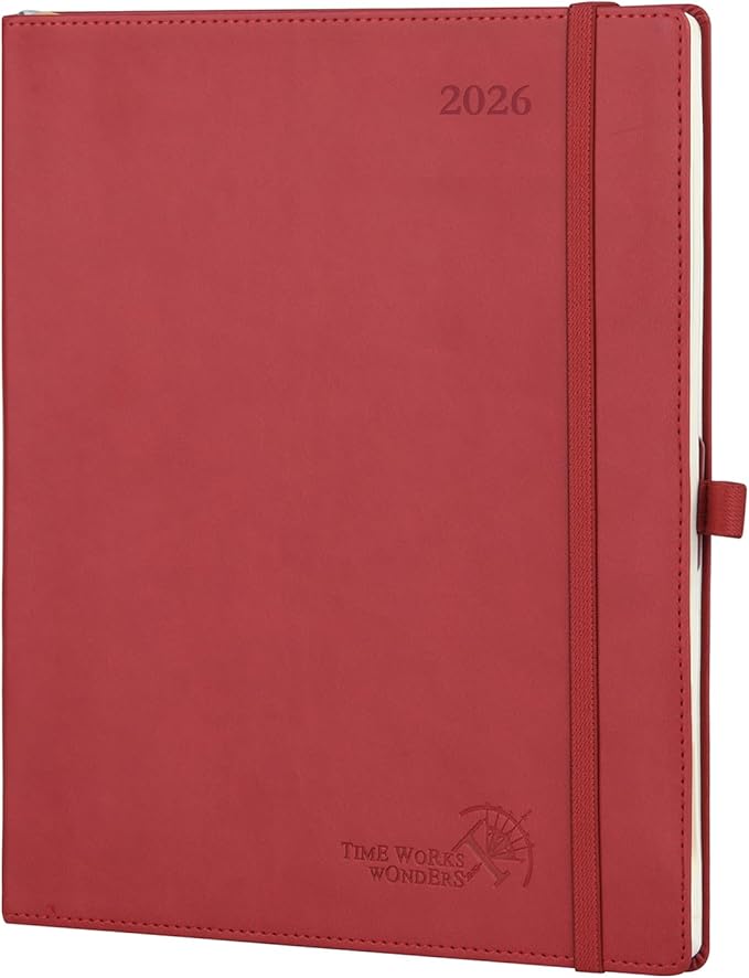 POPRUN 2026 Planner (Large - 8.5'' x 10.5'') - 2026 Weekly Calendar (Jan. 2026 - Dec. 2026) with Hourly Time Slots, Weekly/Monthly Appointment Book for Time Management - Leather Soft Cover - Burgundy Red-DeskLoop Office
