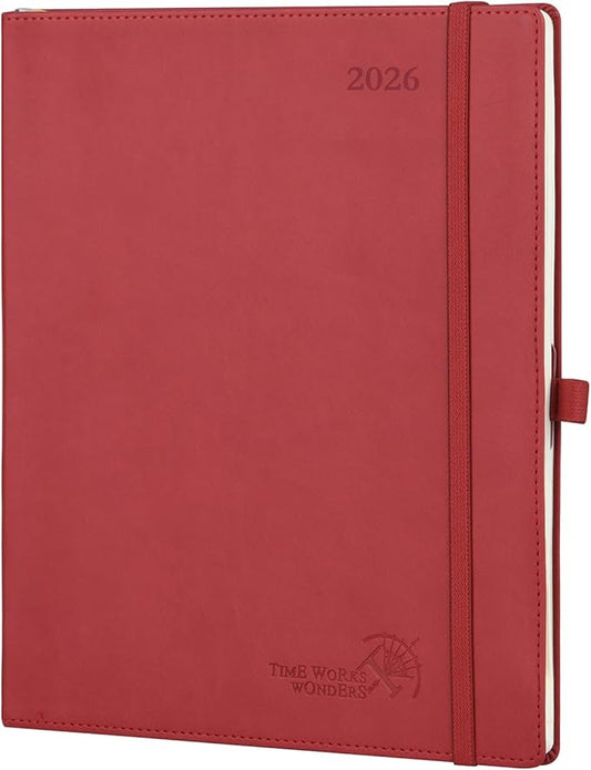 POPRUN 2026 Planner (Large - 8.5'' x 10.5'') - 2026 Weekly Calendar (Jan. 2026 - Dec. 2026) with Hourly Time Slots, Weekly/Monthly Appointment Book for Time Management - Leather Soft Cover - Burgundy Red-DeskLoop Office