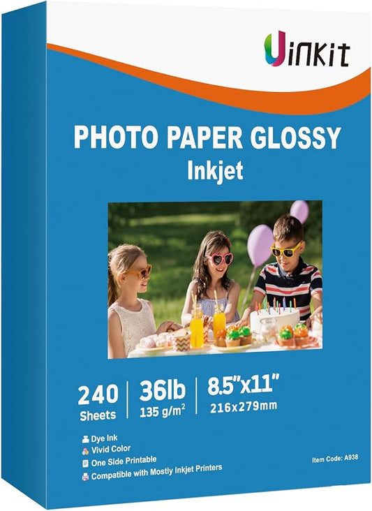Uinkit 37lb Thin Flyer Paper Glossy 8.5x11 Inkjet 240 sheets Single Side DIY Chip Bag 135gsm Photos Picture for Inkjet Printer with Dye Ink Printer Letter size A4 Brochure-DeskLoop Office