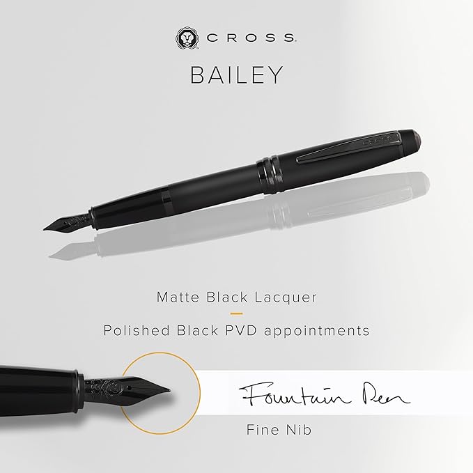 Cross Bailey Refillable Fountain Presented in a Premium Gift Box - Medium Point, Black Ink, Matte Black-DeskLoop Office