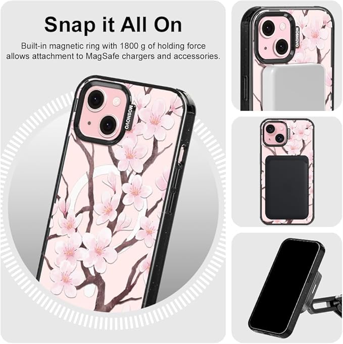 MOSNOVO Magnetic Case for iPhone 15, 10ft Military-Grade Protection, Compatible with Magsafe, Shockproof Phone Case for iPhone 15 - Cherry Blossom - Clear Black-DeskLoop Office